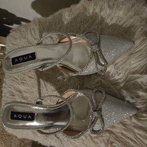 New Aqua Silver Glitter Bow Heels